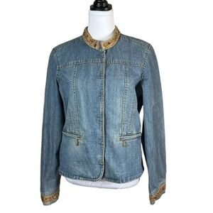 Liz Claiborne Denim Jacket with Tan Beaded Accents, Size L